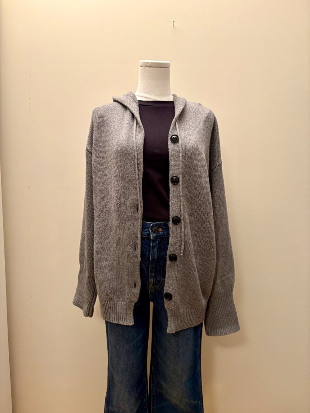 Button Drawstring Hooded Cardigan